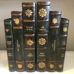 NWT Pair of Decorative Wooden Leather Books Boxes w Hidden Storage Compartments